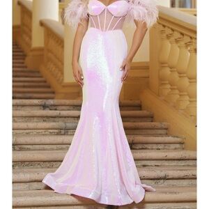 Elegant Pink Sequin Gown with Feather Details